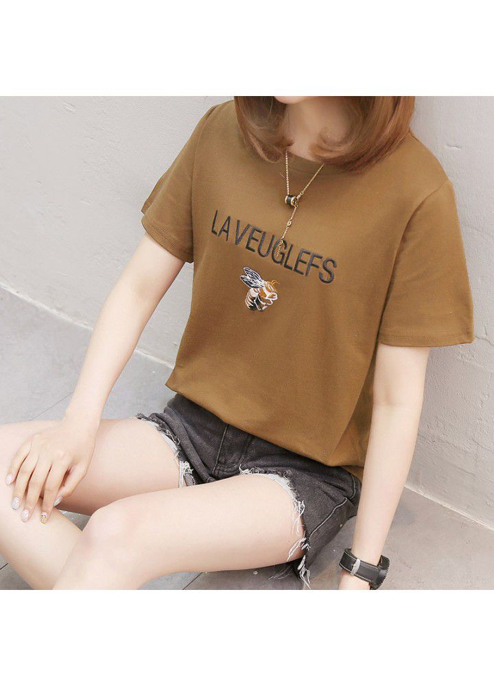 Student cotton short sleeve T-shirt women's embroidered base shirt short summer 2021 new ins fashionable top body