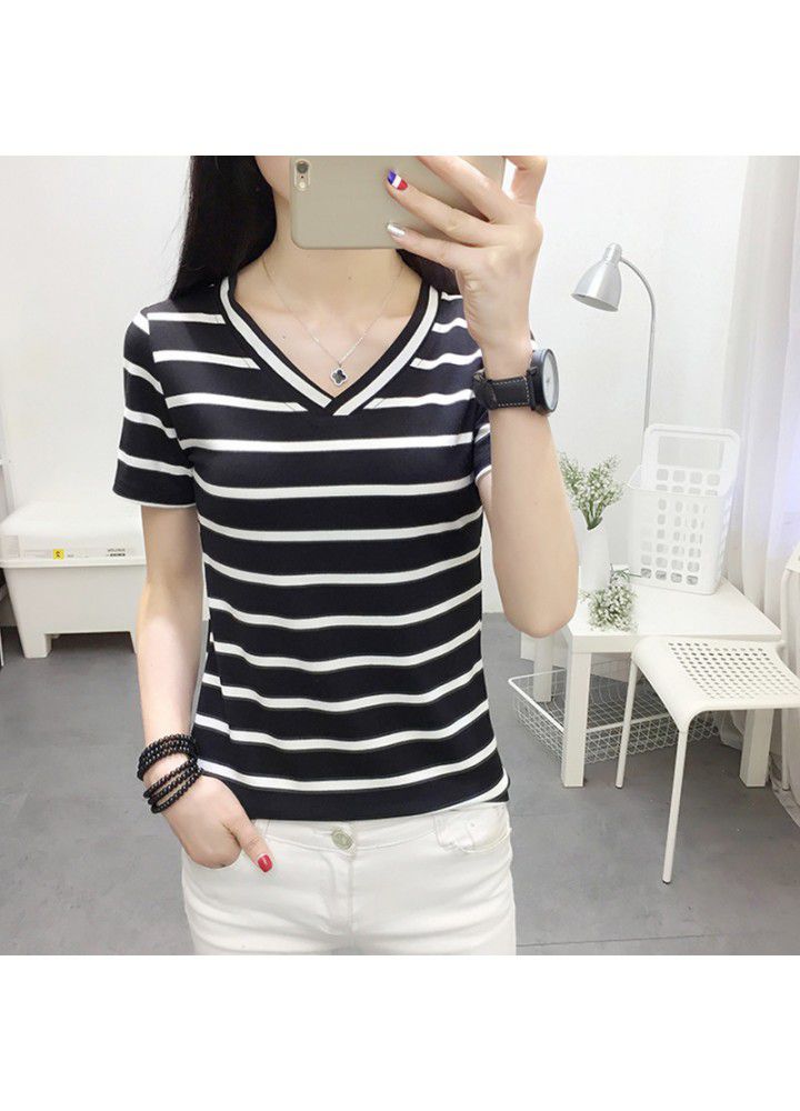 Popular 2020 women's wear versatile black and white stripe V-neck short sleeve T-shirt for women