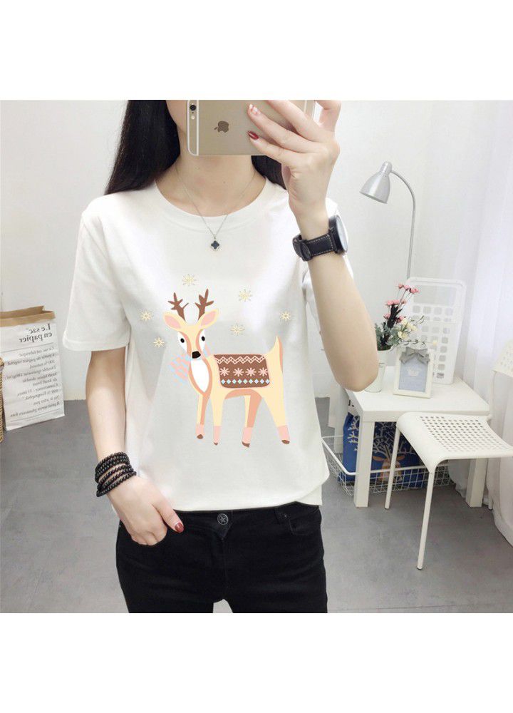 180g no pilling 2021 summer new loose print short sleeve T-shirt women's round neck top