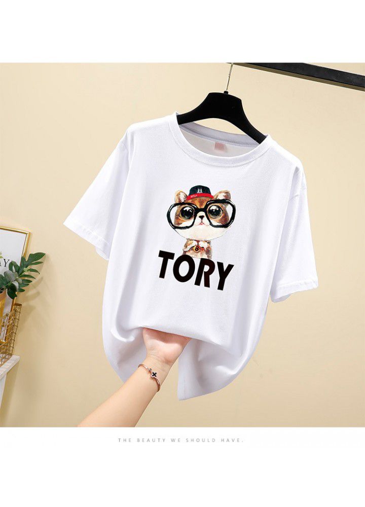 Cotton short sleeve T-shirt women loose fat mm summer Korean student size versatile cartoon half sleeve clothes