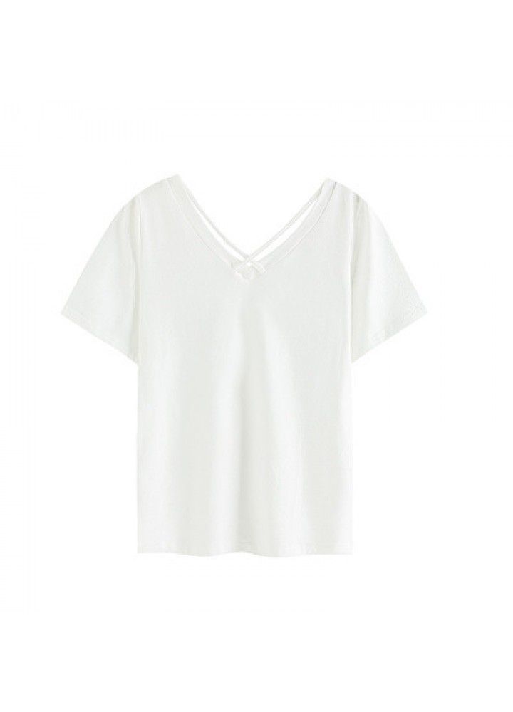 2021 summer slim fit short sleeve T-shirt women's V-neck loose cotton T-shirt versatile new cut out suspender top