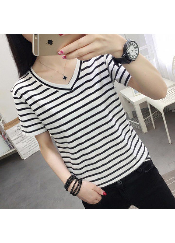 Striped short sleeve T-shirt women's spring 2020 slim top spring dress large women's loose and fat mm foreign style summer dress