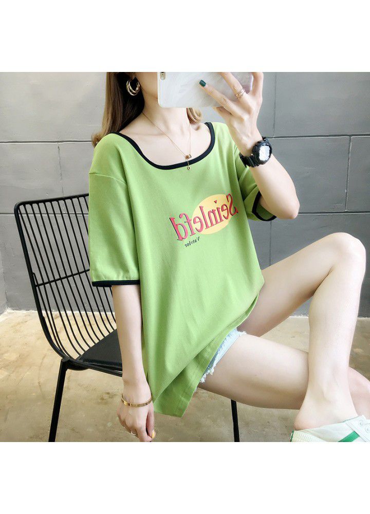 2021 spring and summer new color matching big neckline short sleeve T-shirt women's low neck personality avant-garde loose Korean student top