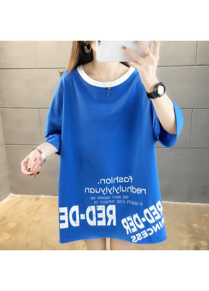 2021 Korean leisure large size loose medium length short sleeve T-shirt women's color matching collar net red ins half sleeve fashion