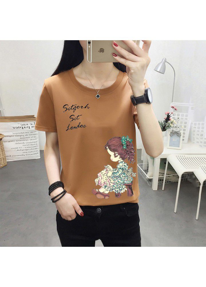 180g no pilling 2021 summer new loose print short sleeve T-shirt women's round neck top