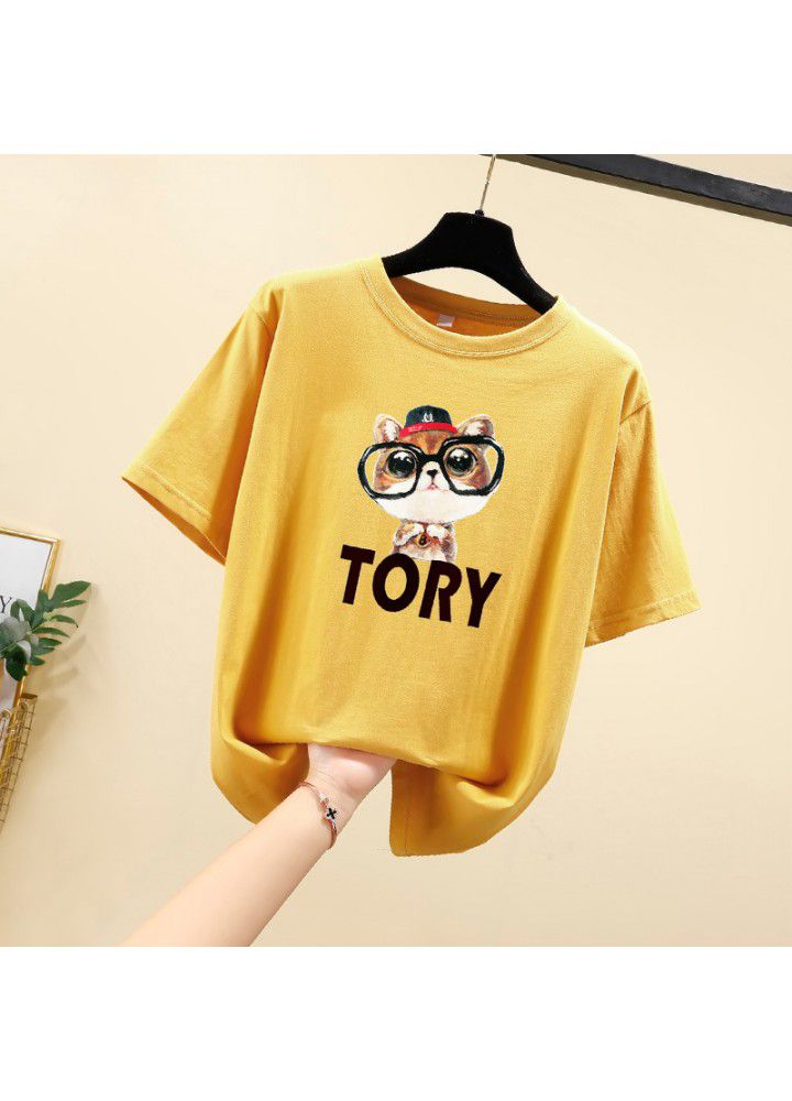 Cotton short sleeve T-shirt women loose fat mm summer Korean student size versatile cartoon half sleeve clothes