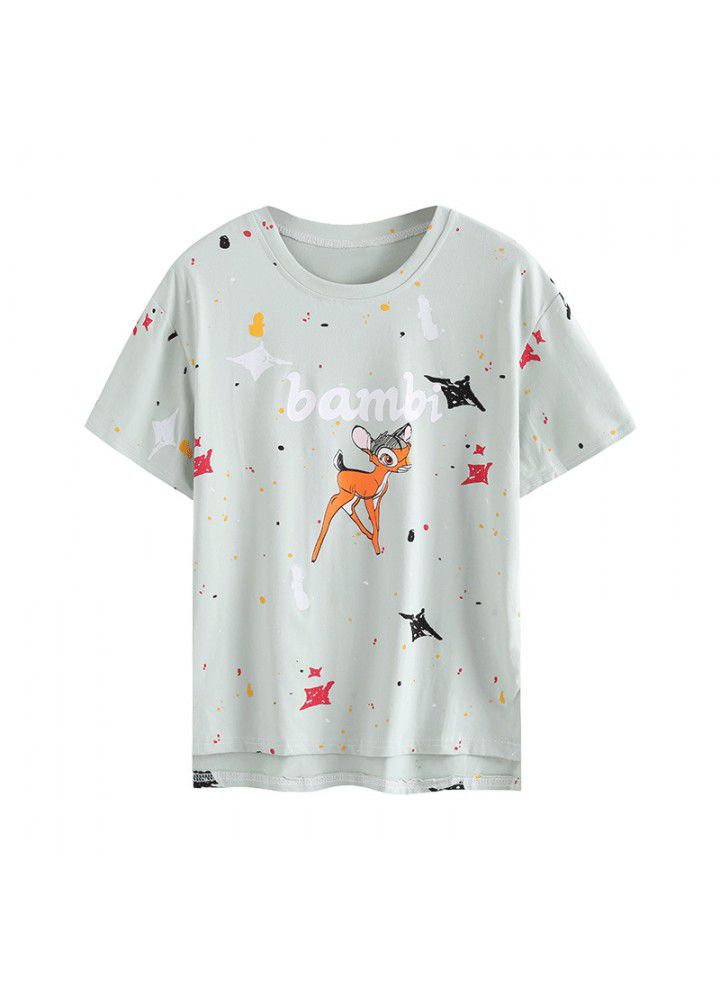 Summer Korean cotton cartoon printed short sleeve T-shirt for women with wide leg jeans, shorts and skirt