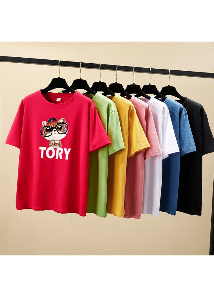 Cotton short sleeve T-shirt women loose fat mm summer Korean student size versatile cartoon half sleeve clothes
