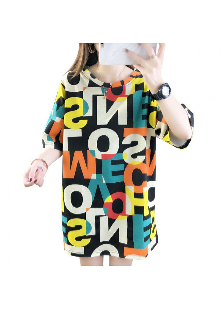 2021 net red ins short sleeve T-shirt women's summer wear Korean version loose and versatile mid long casual personality half sleeve top fashion