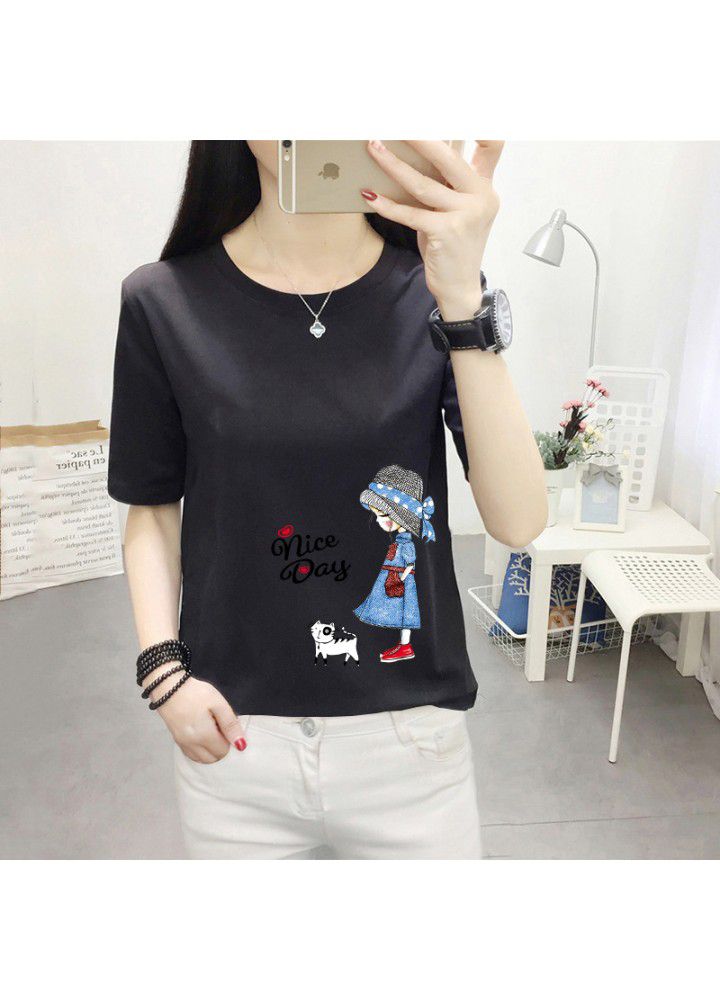 180g no pilling 2021 summer new loose print short sleeve T-shirt women's round neck top