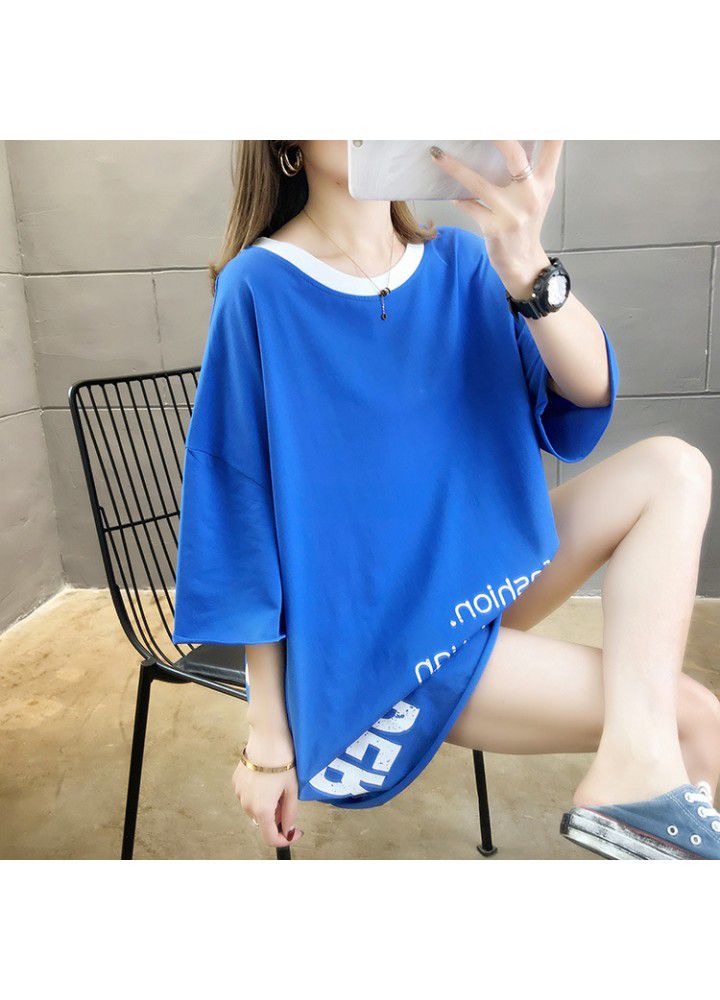 2021 Korean leisure large size loose medium length short sleeve T-shirt women's color matching collar net red ins half sleeve fashion