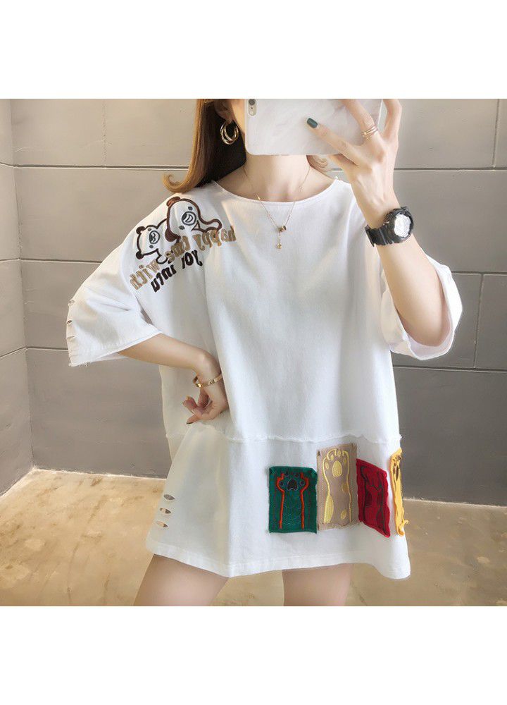 Cotton short sleeve T-shirt women's summer Korean version extra large women's dress fat mm200kg loose plus large fat top