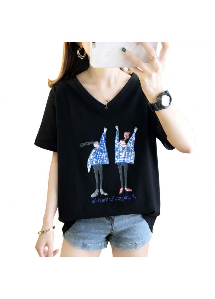 Net red thin short sleeve T-shirt women's summer 2021 new black blouse loose and versatile Korean half sleeve V-neck top