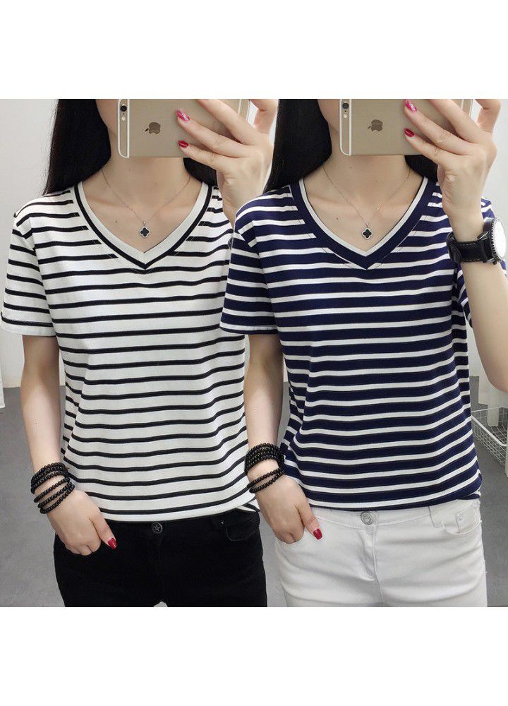 Striped short sleeve T-shirt women's spring 2020 slim top spring dress large women's loose and fat mm foreign style summer dress