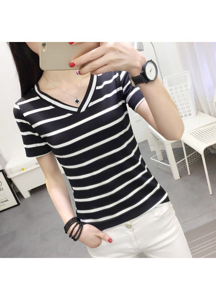 Popular 2020 women's wear versatile black and white stripe V-neck short sleeve T-shirt for women
