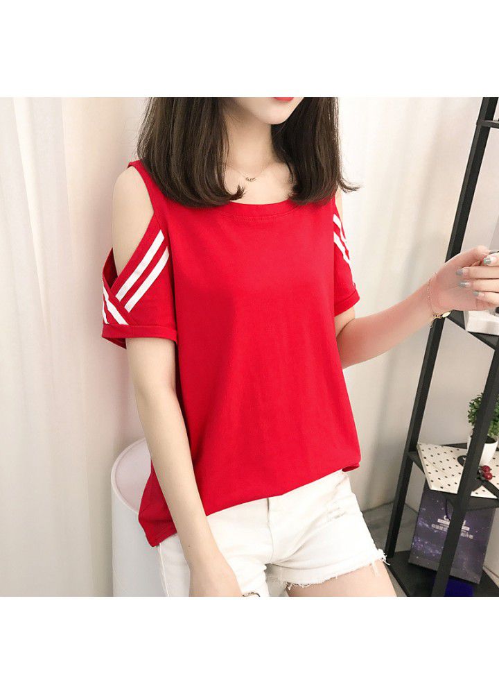 Off the shoulder short sleeve women's T-shirt 2021 new spring and summer loose and versatile red cotton half sleeve fashion