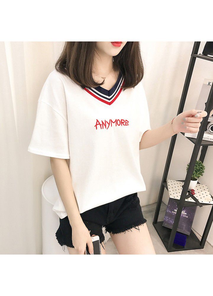 Cotton V-neck T-shirt women's short sleeve 2021 new spring summer embroidery Korean loose large half sleeve net