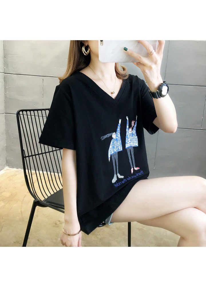 Net red thin short sleeve T-shirt women's summer 2021 new black blouse loose and versatile Korean half sleeve V-neck top