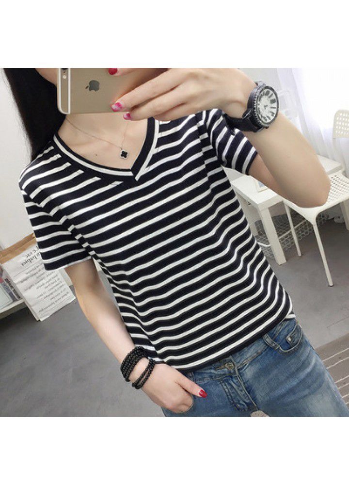 Striped short sleeve T-shirt women's spring 2020 slim top spring dress large women's loose and fat mm foreign style summer dress