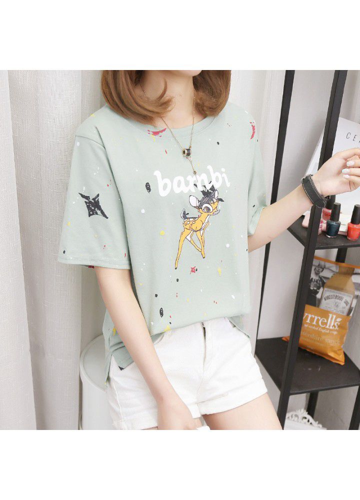 Summer Korean cotton cartoon printed short sleeve T-shirt for women with wide leg jeans, shorts and skirt