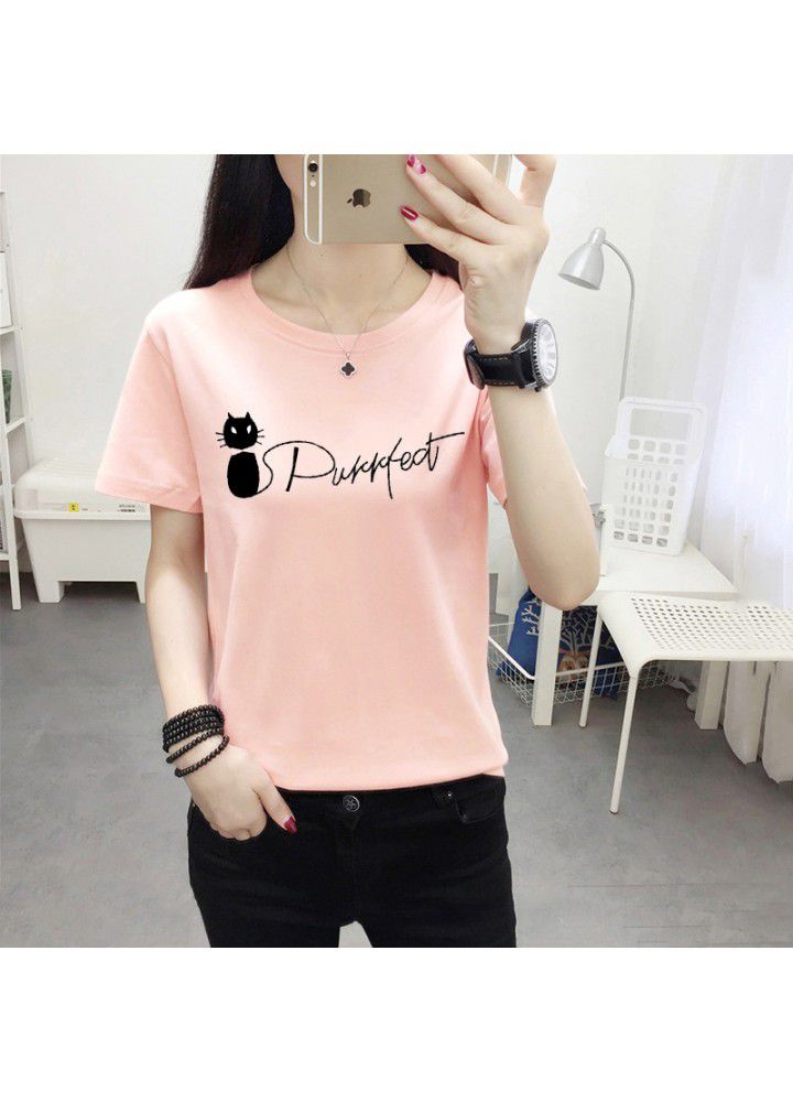 180g no pilling 2021 summer new loose print short sleeve T-shirt women's round neck top