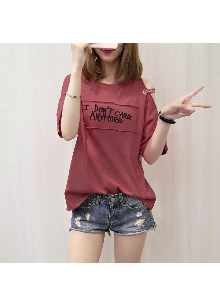 Summer 2021 new off shoulder short sleeve t-shirt female loose cotton Korean student Hong Kong Style ins half sleeve large size top