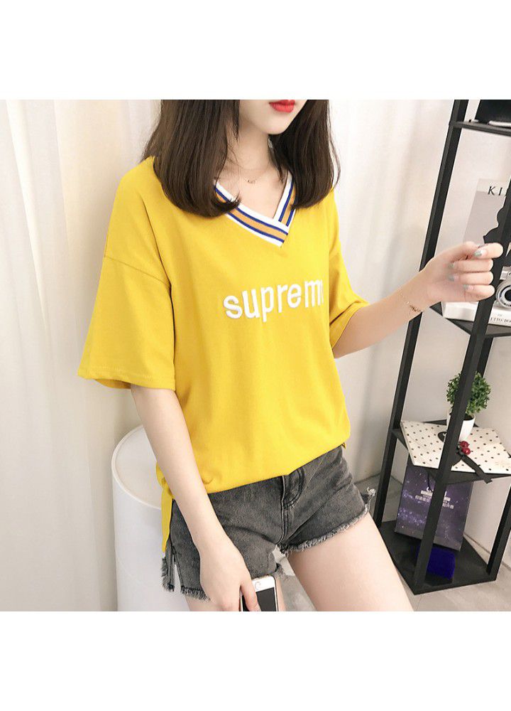V-neck short sleeve T-shirt women's wear Korean loose summer wear 2021 new Korean student's versatile cotton half sleeve clothes