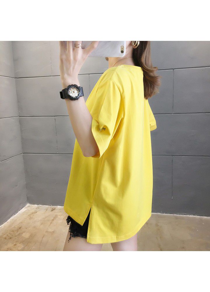 2021 new summer hem side split irregular orange short sleeve T-shirt girl student loose top fashion