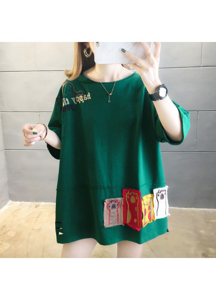 Cotton short sleeve T-shirt women's summer Korean version extra large women's dress fat mm200kg loose plus large fat top