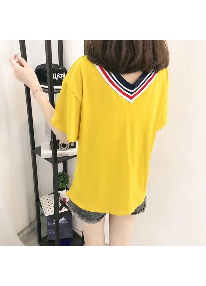 Cotton V-neck T-shirt women's short sleeve 2021 new spring summer embroidery Korean loose large half sleeve net