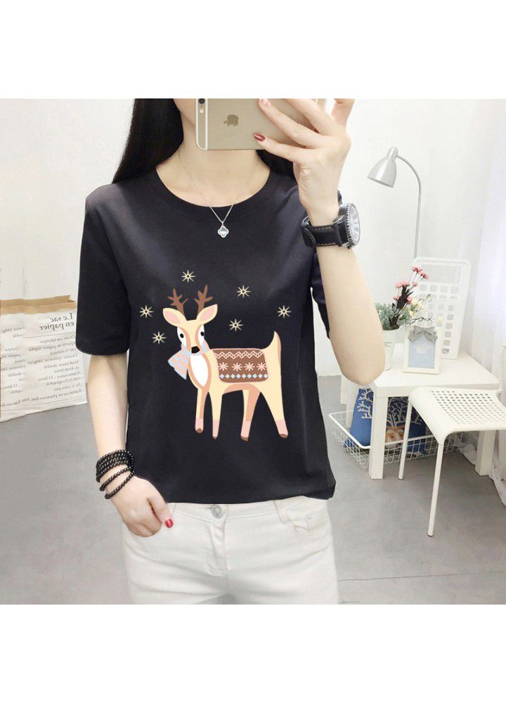 180g no pilling 2021 summer new loose print short sleeve T-shirt women's round neck top
