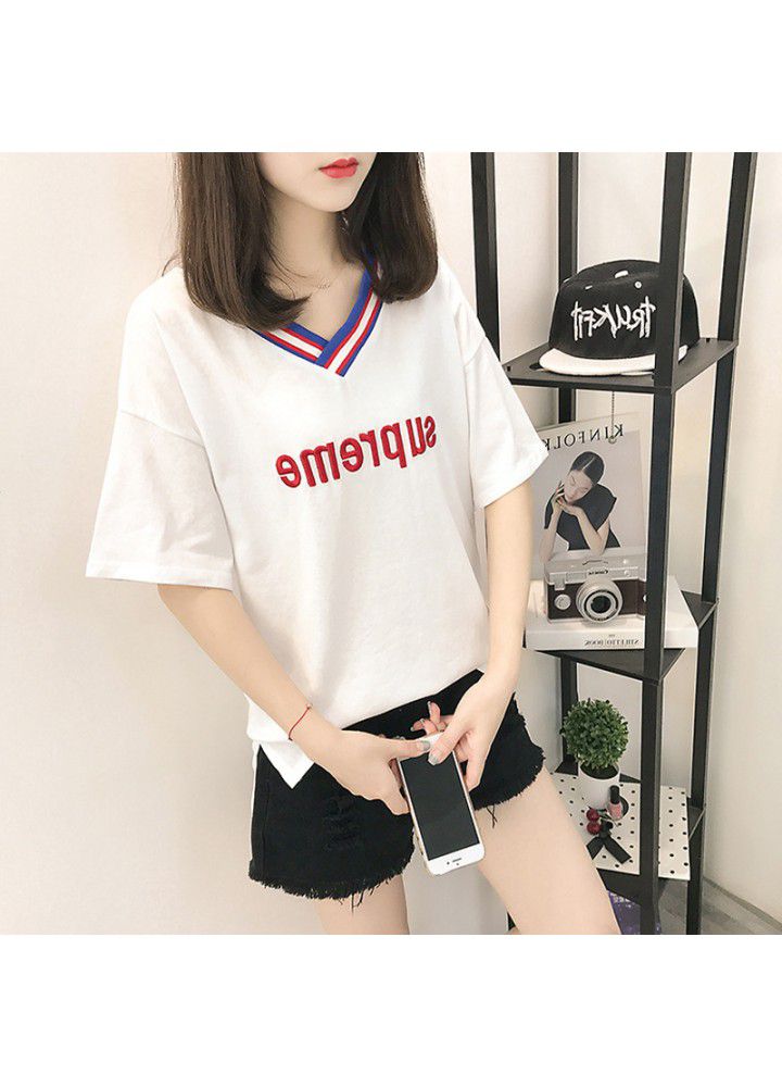 V-neck short sleeve T-shirt women's wear Korean loose summer wear 2021 new Korean student's versatile cotton half sleeve clothes