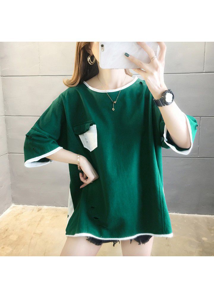 Cotton T-shirt, short sleeve, Korean version, loose and versatile, net red, foreign style, personality, holes, T-shirt, mschf top