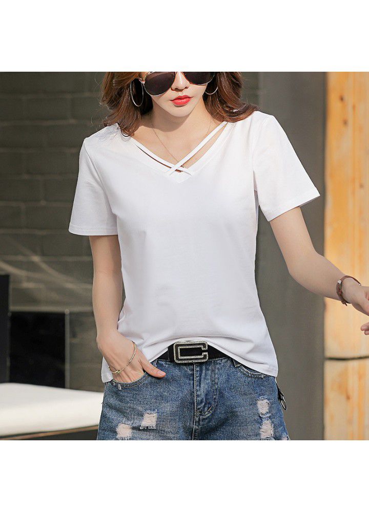 2021 summer slim fit short sleeve T-shirt women's V-neck loose cotton T-shirt versatile new cut out suspender top