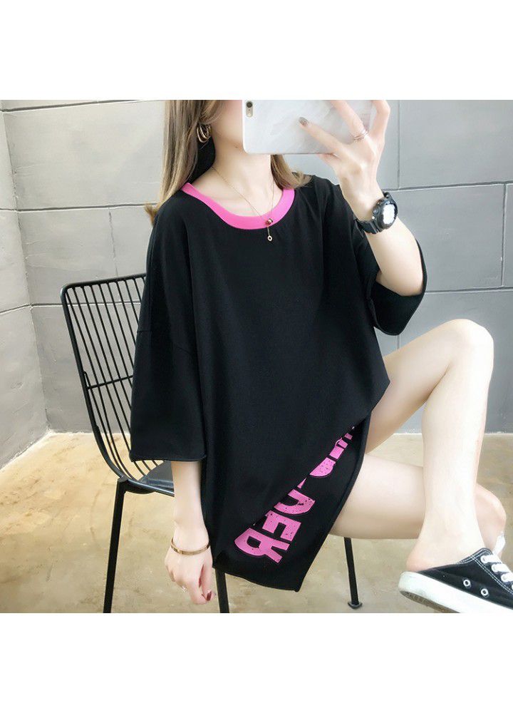 2021 Korean leisure large size loose medium length short sleeve T-shirt women's color matching collar net red ins half sleeve fashion