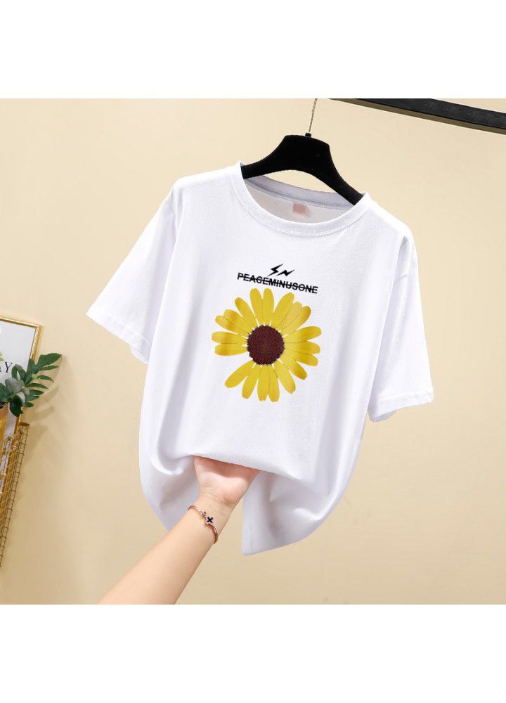 2021 summer new large short sleeve women's 200kg Korean loose round neck T-shirt fat mm slightly fat printed top