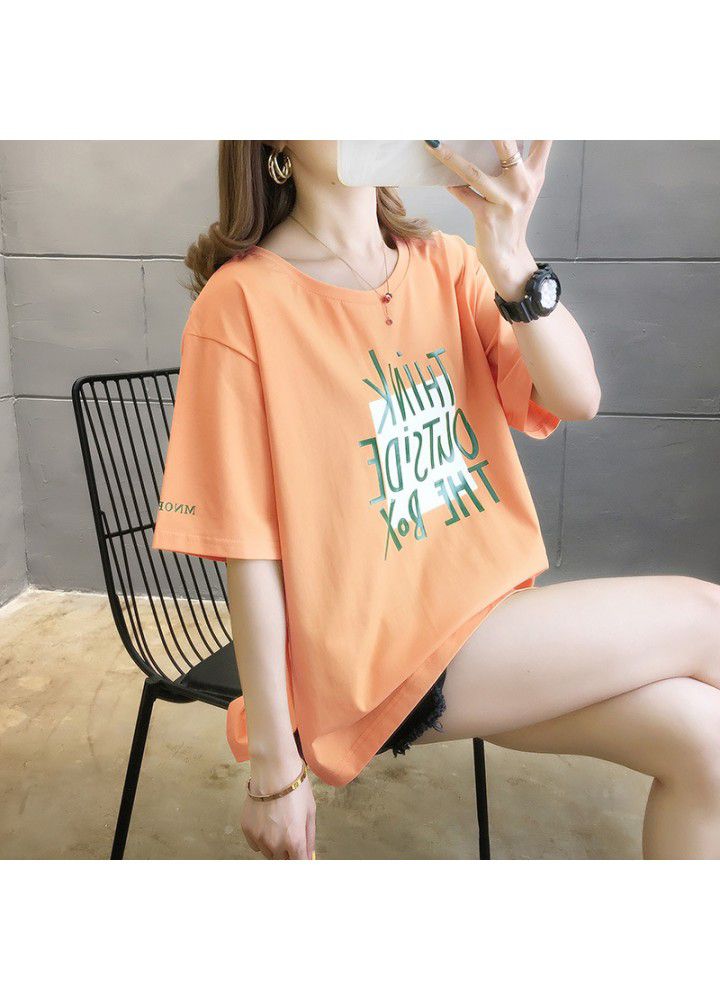 2021 new summer hem side split irregular orange short sleeve T-shirt girl student loose top fashion