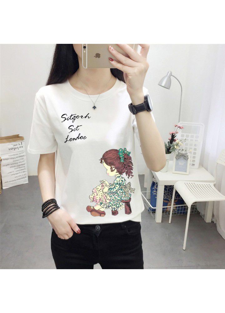180g no pilling 2021 summer new loose print short sleeve T-shirt women's round neck top