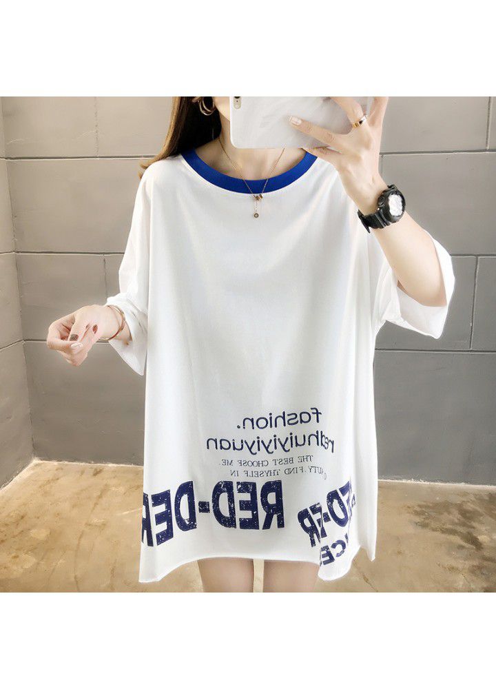2021 Korean leisure large size loose medium length short sleeve T-shirt women's color matching collar net red ins half sleeve fashion
