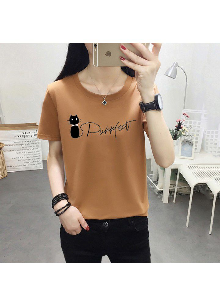 180g no pilling 2021 summer new loose print short sleeve T-shirt women's round neck top