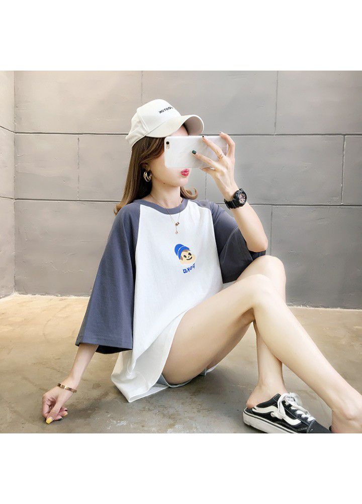 Ins stitching smart short sleeve T-shirt women's niche summer 2021 new loose and versatile cartoon CEC top T-shirt fashion