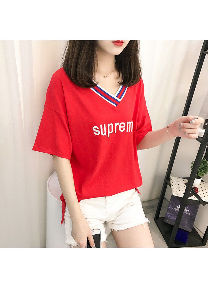 V-neck short sleeve T-shirt women's wear Korean loose summer wear 2021 new Korean student's versatile cotton half sleeve clothes