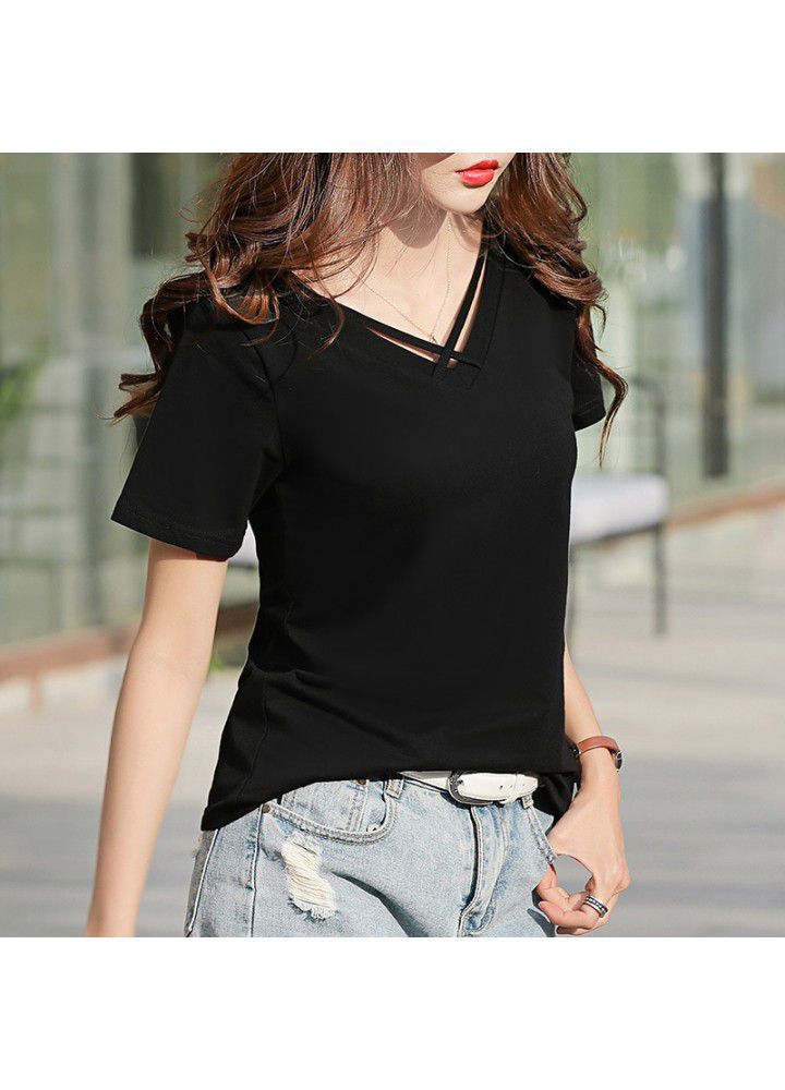 2021 summer slim fit short sleeve T-shirt women's V-neck loose cotton T-shirt versatile new cut out suspender top