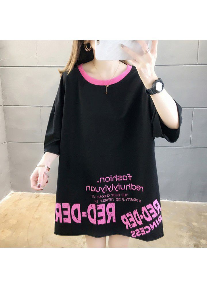2021 Korean leisure large size loose medium length short sleeve T-shirt women's color matching collar net red ins half sleeve fashion