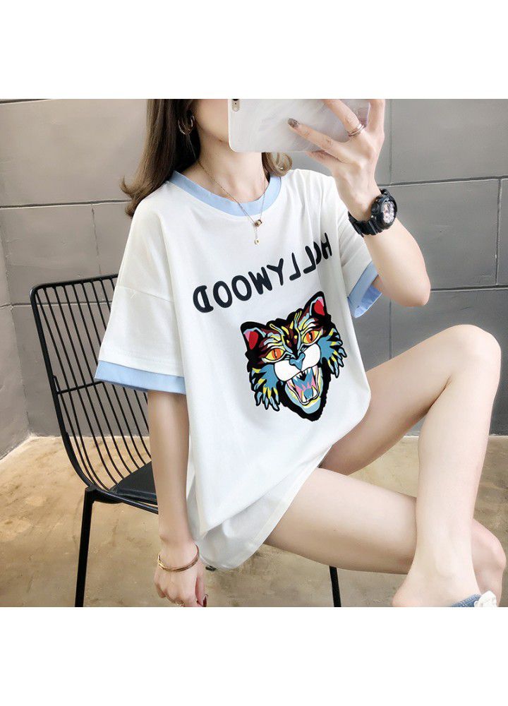 Fake two T-shirts female short sleeve loose summer clothes 2021 new Korean student versatile half sleeve cartoon top