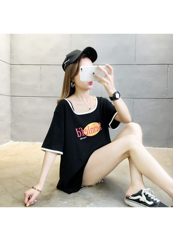 2021 spring and summer new color matching big neckline short sleeve T-shirt women's low neck personality avant-garde loose Korean student top