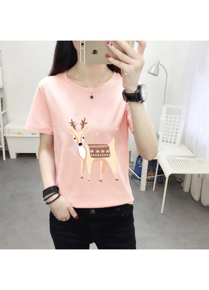 180g no pilling 2021 summer new loose print short sleeve T-shirt women's round neck top