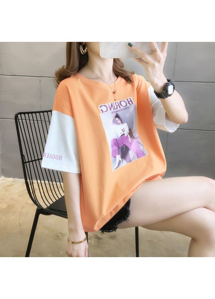 2021 summer new breathable short sleeve top fashionable loose color matching casual T-shirt for women