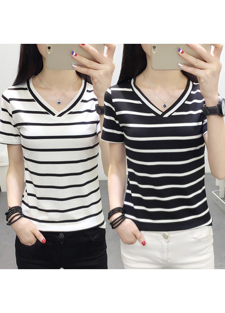 Popular 2020 women's wear versatile black and white stripe V-neck short sleeve T-shirt for women