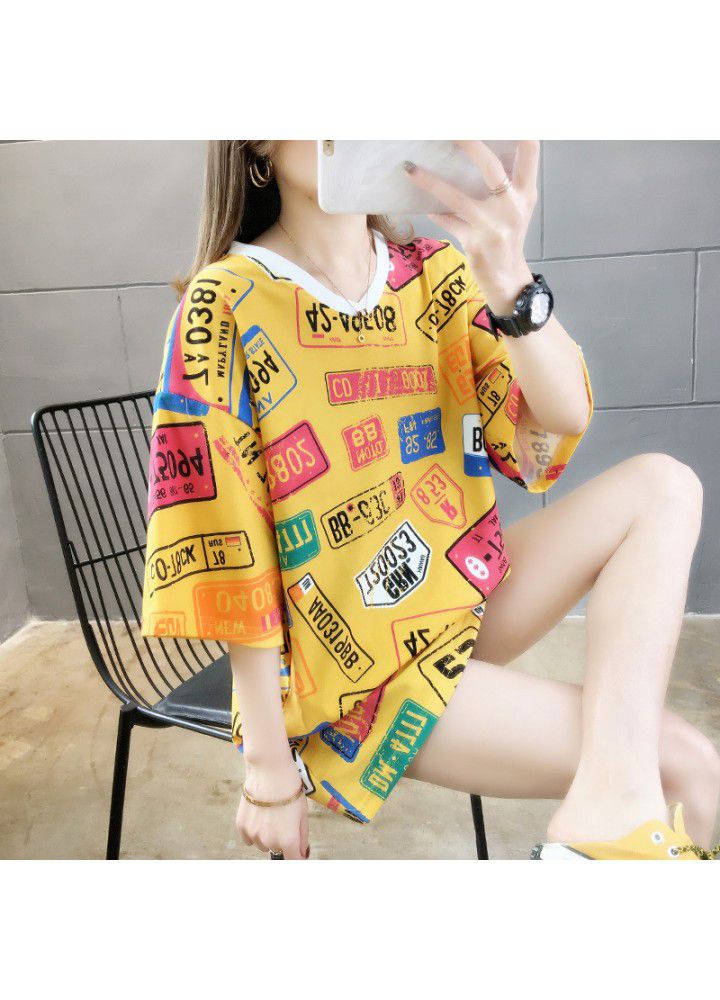2021 medium length T-shirt, short sleeve and fashionable summer dress, Korean version, loose personality, versatile, net red V-neck, fashionable clothes